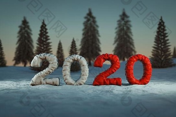 一年概念标志雪地面松树背景渲染