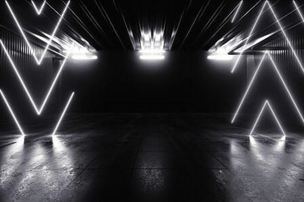 sci未来主义的霓虹灯箭头激光白色发光的混凝土难看的东西地板上工作室阶段讲台上展示停车车地下车库呈现插图