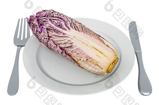新鲜的紫色的纳帕卷心菜板叉刀呈现孤立的白色背景