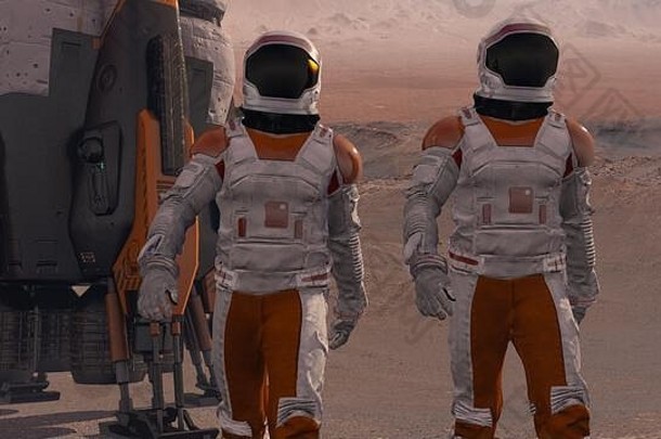 宇航员穿空间西装走表面3探索任务3未来主义的殖民空间探索概念使得
