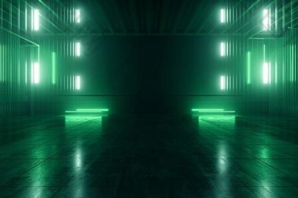 未来主义的sci跳舞俱乐部阶段走猫步展示激光霓虹灯绿色潘通色卡车库地下混凝土金属建设呈现插图