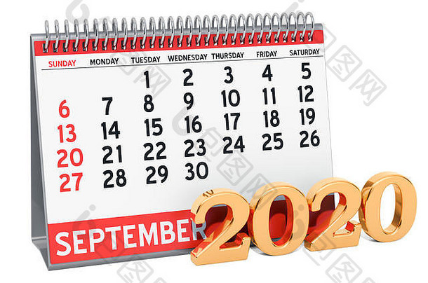 9月桌子上日历呈现孤立的白色背景