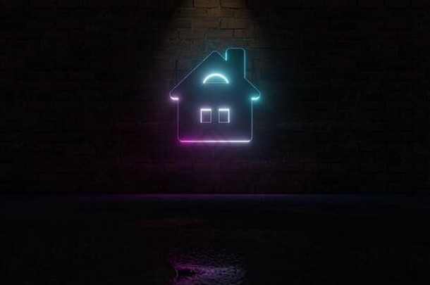 呈现蓝色的紫罗兰色的霓虹灯象征房子窗户烟囱黑暗砖墙背景湿模糊反射