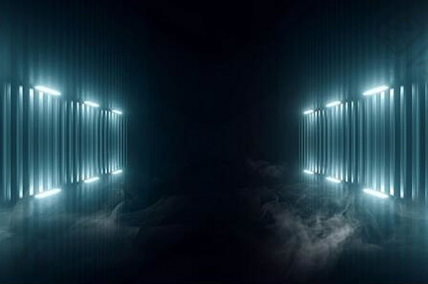 烟霓虹灯领导sci未来主义的经典潘通色卡蓝色的发光的行混凝土金属外星人宇宙飞船展厅走廊地下网络呈现生病了