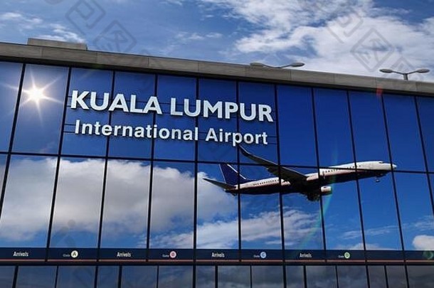 飞机飞机着陆(泥马来西亚呈现插图到来城市玻璃<strong>机场</strong>终端反射