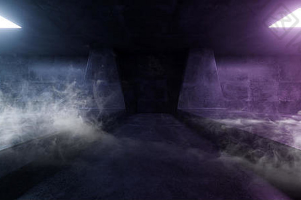 水泥隧道混凝土sci烟雾蒸汽隧道走廊地下车库紫色的蓝色的光黑暗晚上显示阶段呈现树脂