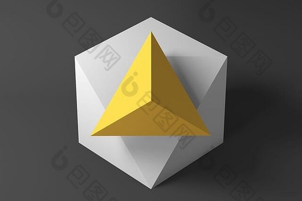 摘要最小的安装白色多维数据集分离黄色的金字塔形状的角落里呈现插图
