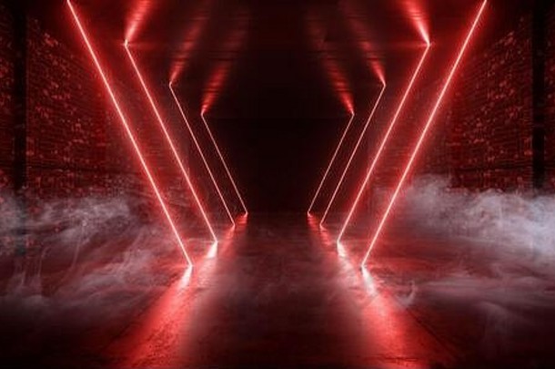 烟三角形霓虹灯发光的红色的sci地下室复古的俱乐部隧道砖墙现代晚上黑暗阶段讲台上展厅车库呈现插图