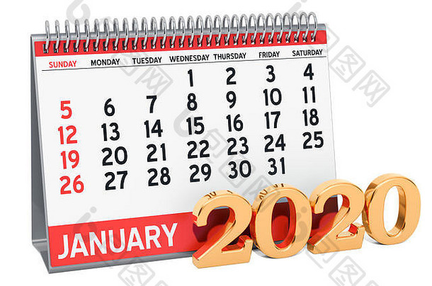 1月桌子上日历呈现孤立的白色背景