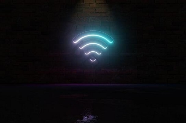 呈现蓝色的紫罗兰色的霓虹灯象征无线网络信号信号波圆形的角落黑暗砖墙背景湿模糊reflectio