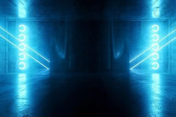 俱乐部阶段赛博朋克霓虹灯激光sci未来主义的梁发光的蓝色的背景混凝土难看的东西车库地下显示复古的呈现树脂