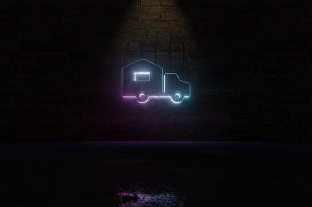 呈现蓝色的紫罗兰色的霓虹灯象征移动车黑暗砖墙背景湿模糊反射