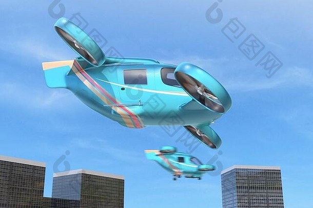 金属蓝色的飞行汽车空气出租车飞行现代城市网孔概念呈现图像