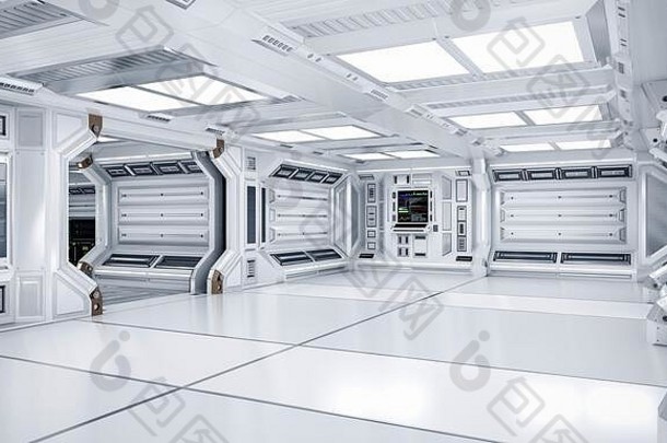 未来主义的体系结构科幻走廊走廊室内呈现