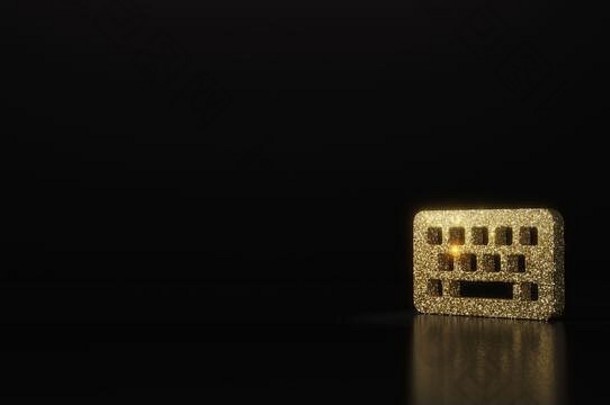 黄金闪闪发光的象征电脑键盘呈现黑暗黑色的背景模糊反射闪光