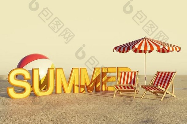 海滩球海滩椅子伞沙子夏天文本金小时插图