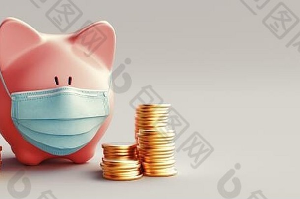 概念经济危机有创意的猪医疗面具钱药片冠状病毒流感大流行崩溃经济呈现