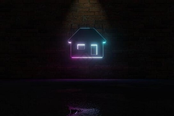 呈现蓝色的紫罗兰色的霓虹灯象征房子窗口通过黑暗砖墙背景湿模糊反射