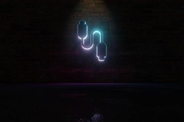 呈现蓝色的紫罗兰色的霓虹灯象征Usb电缆连接器黑暗砖墙背景湿模糊反射