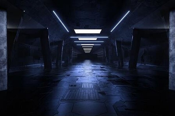 sci未来主义的混凝土示意图变形蓝色的发光的激光霓虹灯列隧道走廊黑暗晚上仓库展厅网络synth呈现
