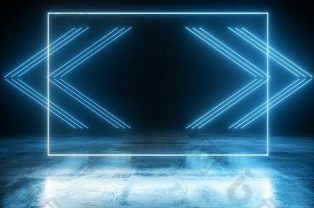 箭头指针霓虹灯发光的sci未来主义的充满活力的网络蓝色的潘通色卡激光梁形状的黑暗车库地下阶段俱乐部呈现插图