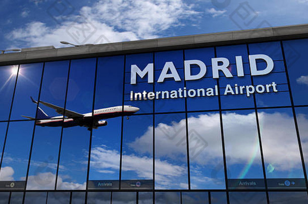 飞机飞机着陆马德里西班牙西班牙欧洲呈现插图到来城市玻璃机场终端反射