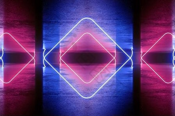 sci霓虹灯激光发光的矩形紫色的蓝色的灯黑暗车库地下混凝土金属未来主义的外星人宇宙飞船现代网络虚拟引入