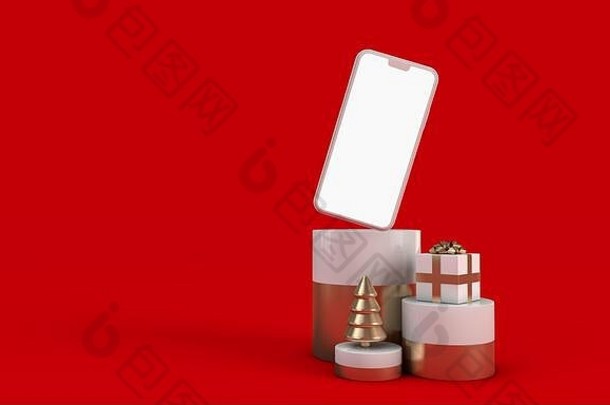 节日圣诞节摘要红色的白色黄金场景空白智能手机渲染