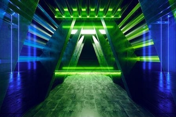 未来主义的激光<strong>霓虹灯</strong>三角形发光的潘通色卡蓝色的绿色混凝土建设隧道车库地下走廊阶段工作室俱乐部宇宙飞船使得