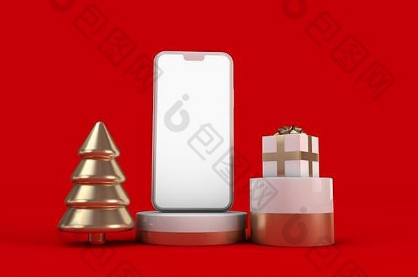 节日圣诞节摘要红色的白色黄金场景空白智能手机渲染