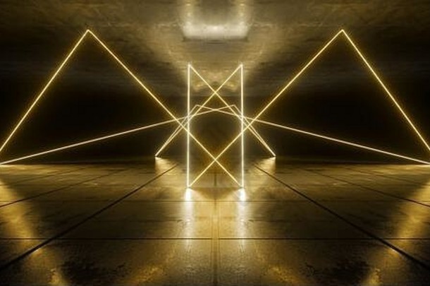 未来主义的synth波网络霓虹灯荧光发光的橙色黄色的梁激光跳舞俱乐部地下事件混凝土难看的东西地板上阶段停车任