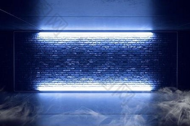 现代烟sci未来主义的磨砂玻璃砖墙黑暗俱乐部霓虹灯激光潘通色卡蓝色的电荧光墙标志光混凝土水泥车库