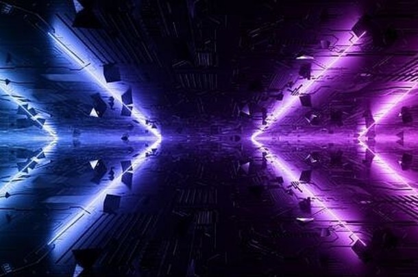 sci未来主义的霓虹灯激光蓝色的紫色的充满活力的发光的灯黑暗晚上示意图变形金属refelctive科技地板上浮动吡咯烷