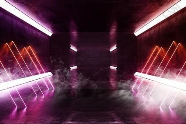 烟雾雾霓虹灯激光阶段展示空黑暗地下车库展厅复古的现代sci未来主义的外星人紫色的橙色发光的renderin
