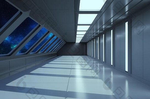 渲染未来主义的宇宙飞船科幻走廊体系结构