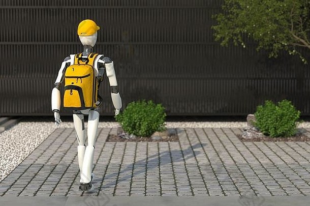 人形机器人统一的黄色的背包机器人快递交付服务替换人类劳动机器人未来概念聪明的