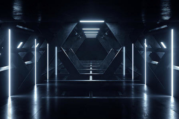 网络sci未来主义的现代宇宙飞船外星人俱乐部隧道走廊地下混凝土反射空霓虹灯领导激光蓝色的桥塔灯renderi