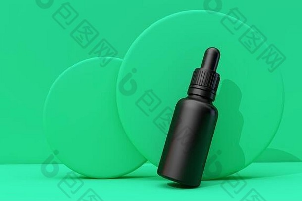 黑色的石油下降瓶空白标签绿色背景渲染