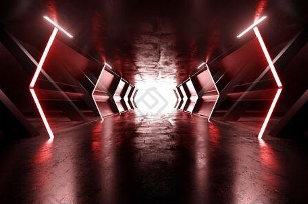 sci未来主义的混凝土反光金属红色的地下走廊隧道走廊发光的激光霓虹灯领导列空空间背景停车