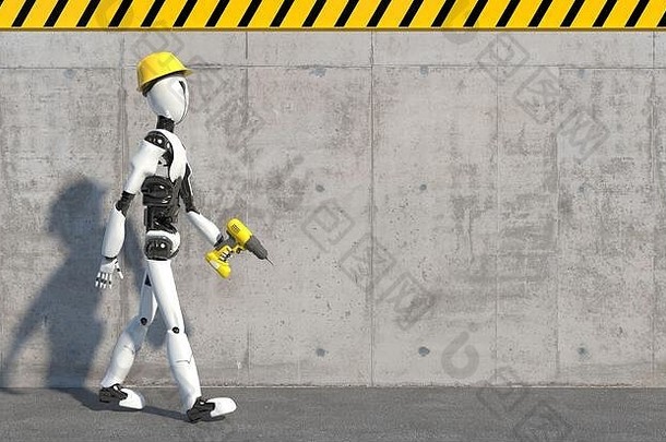 人形机器人构建器建设头盔钻手步骤混凝土墙未来概念机器人人工