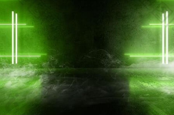 烟雾未来主义的sci绿色潘通色卡发光的激光霓虹灯梁虚拟图形网络车库阶段工作室地下走廊停车展示