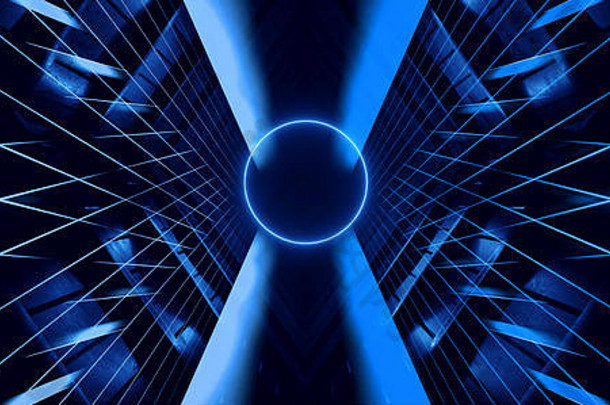 黑暗晚上外星人宇宙飞船虚拟隧道走廊霓虹灯领导激光灯发光的蓝色的充满活力的地下发光反射摘要背景使得