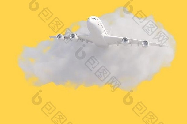 飞机云柔和的黄色的背景旅行概念呈现