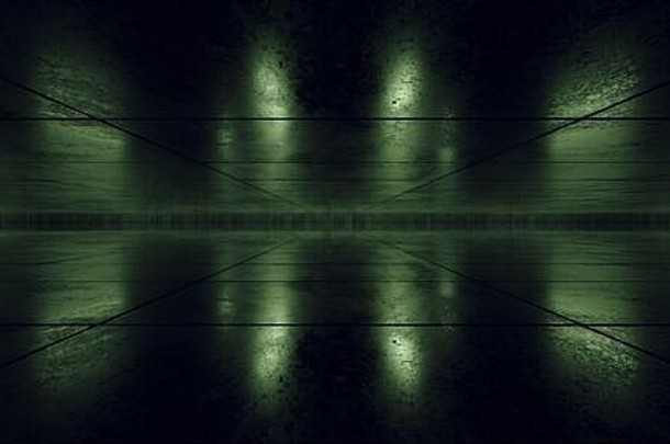 未来主义的霓虹灯领导发光的绿色潘通色卡黑暗车库展厅车讲台上外星人宇宙飞船画廊地下混凝土apshalt水泥sci渲染