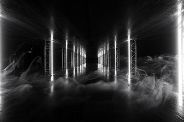 烟霓虹灯发光的白色激光显示阶段隧道走廊未来主义的sci混凝土反射难看的东西空黑暗晚上建设讲台上渲染