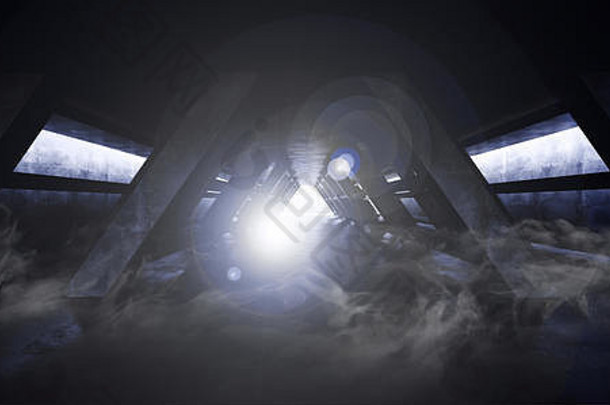 烟地下雾未来主义的sci混凝土三角形列阶段隧道外星人宇宙飞船走廊黑暗晚上领导激光紫色的灯发光的