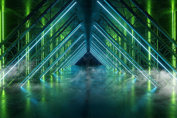 烟sci三角形蓝色的绿色霓虹灯激光拱梁建设阶段混凝土难看的东西黑暗空讲台上虚拟未来主义的未来晚上显示任
