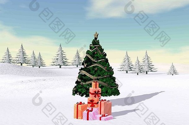 圣诞节树长梁山雪冷杉树日落渲染