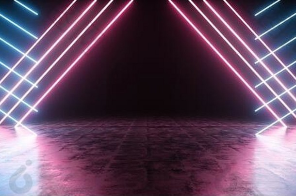 sci三角形隧道走廊霓虹灯激光未来主义的发光的紫色的蓝色的虚拟synth波网络外星人仓库车库混凝土平铺的反光
