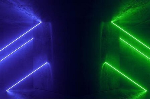 俱乐部阶段赛博朋克霓虹灯激光sci未来主义的梁发光的幻影蓝色的绿色背景混凝土难看的东西车库地下显示复古的renderi